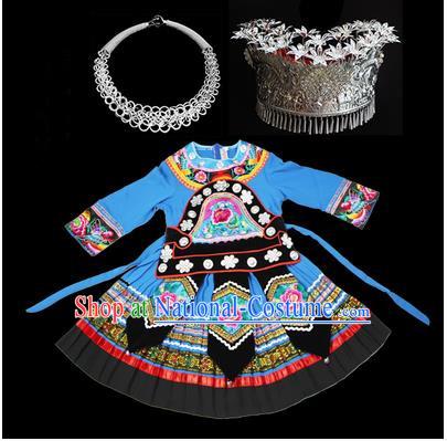 Traditional Chinese Miao Nationality Dancing Costume Accessories Set, Children Folk Dance Ethnic Cloth and Headwear, Chinese Tujia Minority Nationality Costume and Hat for Kids