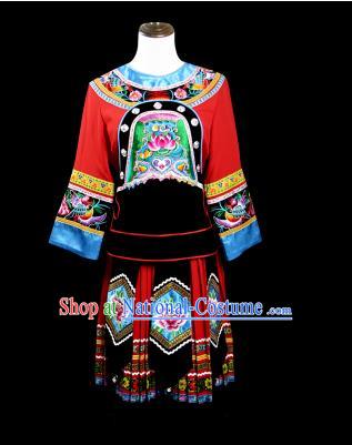 Traditional Chinese Miao Nationality Dancing Costume, Female Folk Dance Ethnic Pleated Skirt, Chinese Minority Nationality Embroidery Costume for Women