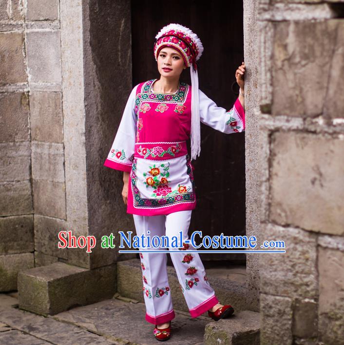 Traditional Chinese Bai Nationality Dancing Costume Set, Female Folk Dance Bai Ethnic Clothes and Hat, Chinese Minority Nationality Embroidery Costume for Women