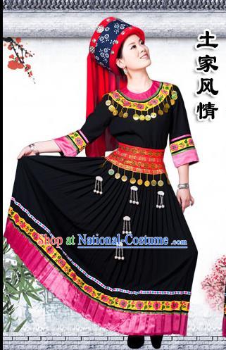 Traditional Chinese Tujia Nationality Dancing Costume Set, Hmong Female Folk Dance Ethnic Pleated Skirt and Hat, Chinese Tujia Minority Nationality Embroidery Costume for Women