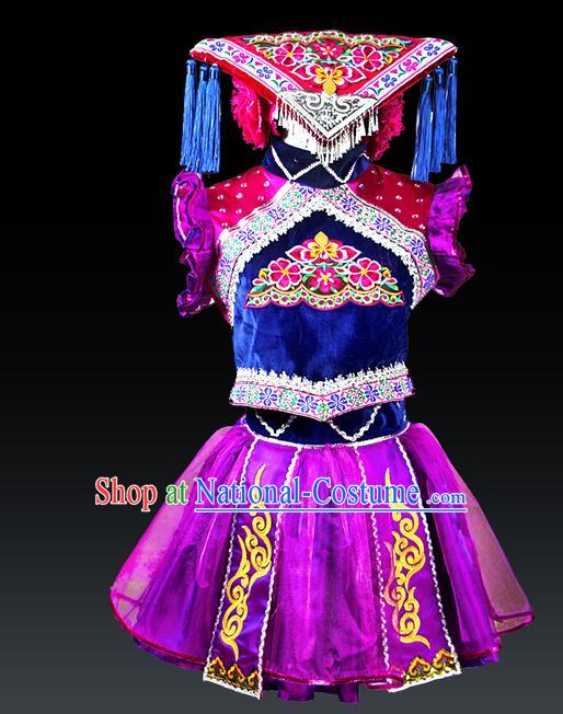 Traditional Chinese Tujia Nationality Dancing Costume Set, Hmong Female Folk Dance Ethnic Pleated Skirt and Hat, Chinese Zhuang Minority Nationality Embroidery Costume for Women