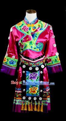 Traditional Chinese Miao Nationality Dancing Costume, Hmong Female Folk Dance Ethnic Pleated Skirt, Chinese Minority Nationality Embroidery Costume for Women