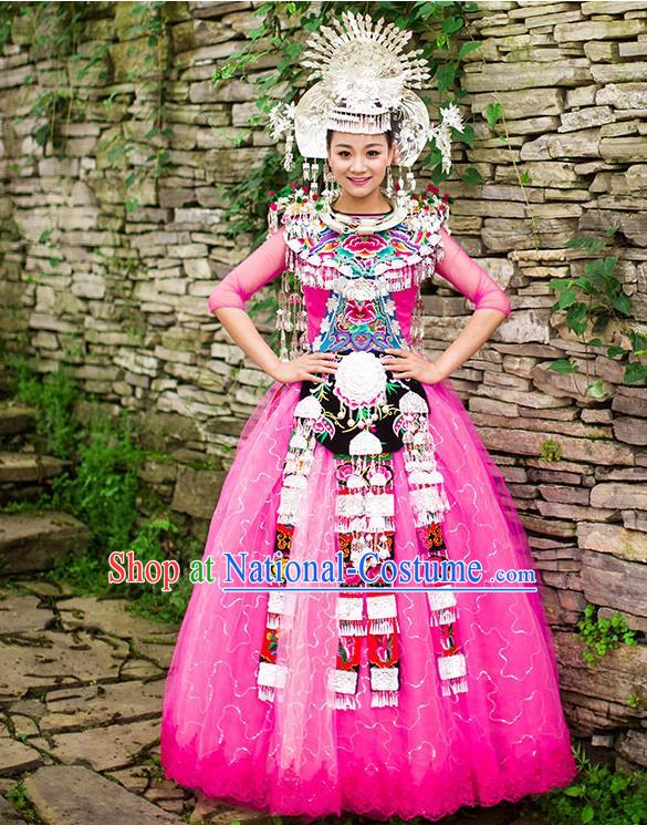 Traditional Chinese Miao Nationality Wedding Costume Accessories Crown, Necklace, Hmong Female Wedding Ethnic Pleated Dress and Phoenix Silver Headwear, Chinese Minority Nationality Embroidery Costume and Hat for Women