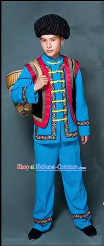 Traditional Chinese Miao Nationality Folk Dance Ethnic Wear, China Tujia Nationality Clothing Costume, Ethnic Dresses Cultural Dances Costumes Complete Set for Men