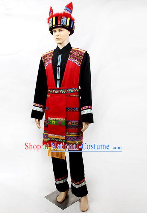 Traditional Chinese Miao Nationality Folk Dance Ethnic Wear, China Tujia Nationality Clothing and Hat, Ethnic Dresses Cultural Dances Costumes Complete Set for Men