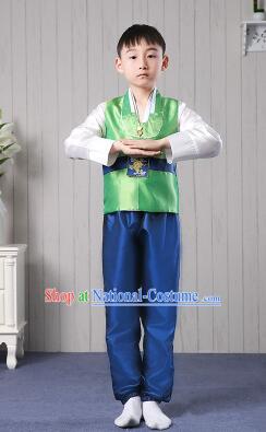 Korean Traditional Dress for Children Boy Clothes Kid Costumes Stage Show Dancing Green Top Blue Pants