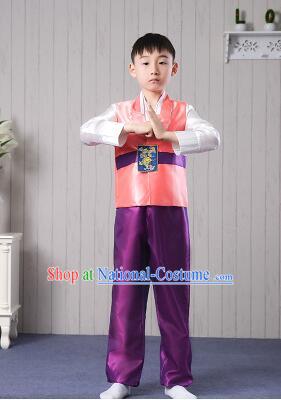 Korean Traditional Dress for Children Boy Clothes Kid Costumes Stage Show Dancing Orange Top Purple Pants