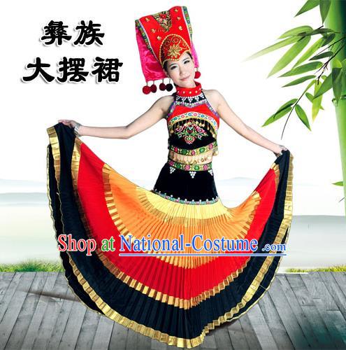 Traditional Chinese Yi Nationality Dancing Costume, Yi People Female Folk Dance Ethnic Pleated Skirt, Chinese Minority Nationality Embroidery Costume for Women