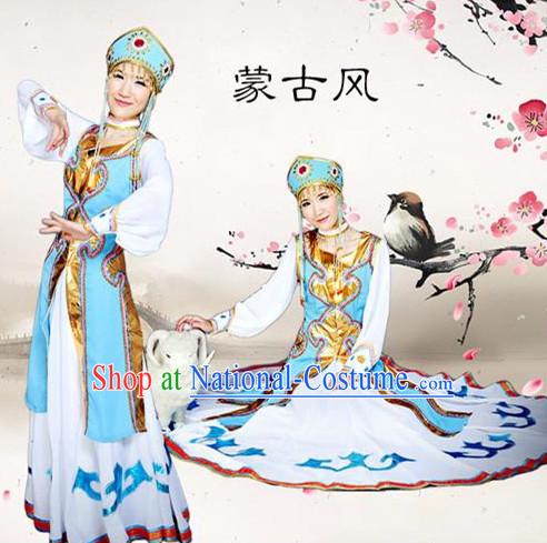 Traditional Chinese Mongol Nationality Dancing Costume, Mongols Female Folk Dance Ethnic Pleated Skirt, Chinese Mongolian Minority Nationality Embroidery Costume for Women