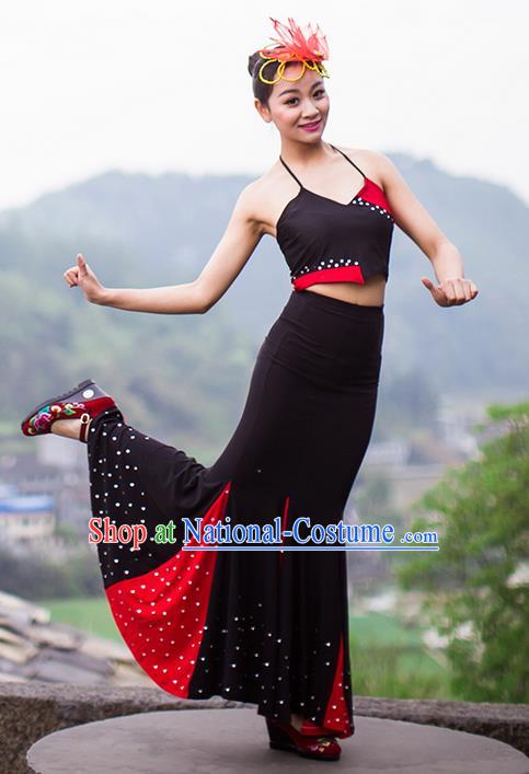 Traditional Chinese Dai Nationality Peacock Dancing Costume, Folk Dance Ethnic Costume, Chinese Minority Nationality Dancing Costume for Women