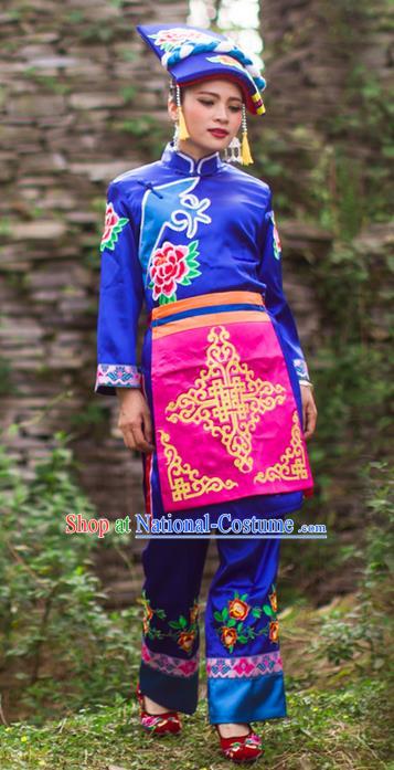 Traditional Chinese Qiang Nationality Dancing Costume, Qiangzu Female Folk Dance Ethnic Dress, Chinese Qiang Minority Nationality Embroidery Costume for Women