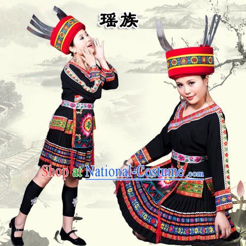 Traditional Chinese Yao Nationality Dancing Costume, Yaozu Female Folk Dance Ethnic Pleated Skirt, Chinese Yao Minority Nationality Embroidery Costume for Women