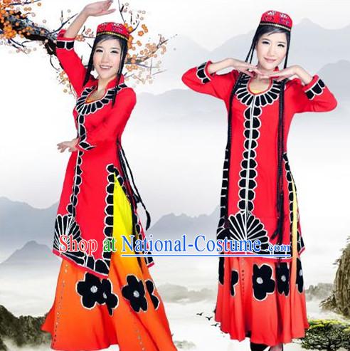 Traditional Chinese Uyghur Nationality Dancing Costume, Xinjiang Uygur Female Folk Dance Ethnic Pleated Skirt, Chinese Minority Nationality Embroidery Costume for Women