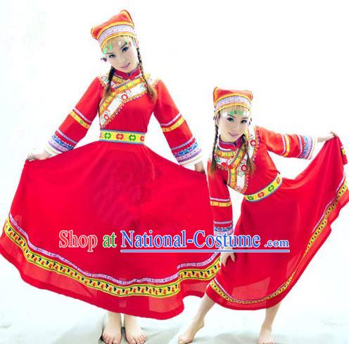 Traditional Chinese Qiang Nationality Dancing Costume, Qiangzu Female Folk Dance Ethnic Pleated Skirt, Chinese Qiang Minority Nationality Embroidery Costume for Women