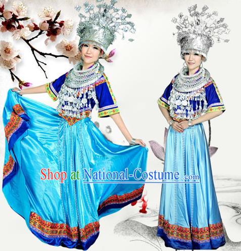 Traditional Chinese Miao Nationality Dancing Costume Accessories Necklace, Hmong Female Folk Dance Ethnic Pleated Skirt and Sliver Headwear, Chinese Minority Nationality Embroidery Costume and Hat for Women