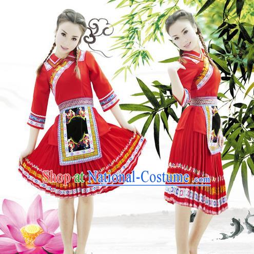 Traditional Chinese Tujia Nationality Dancing Costume, Tujiazu Female Folk Dance Ethnic Pleated Skirt, Chinese Tujia Minority Nationality Embroidery Costume for Women