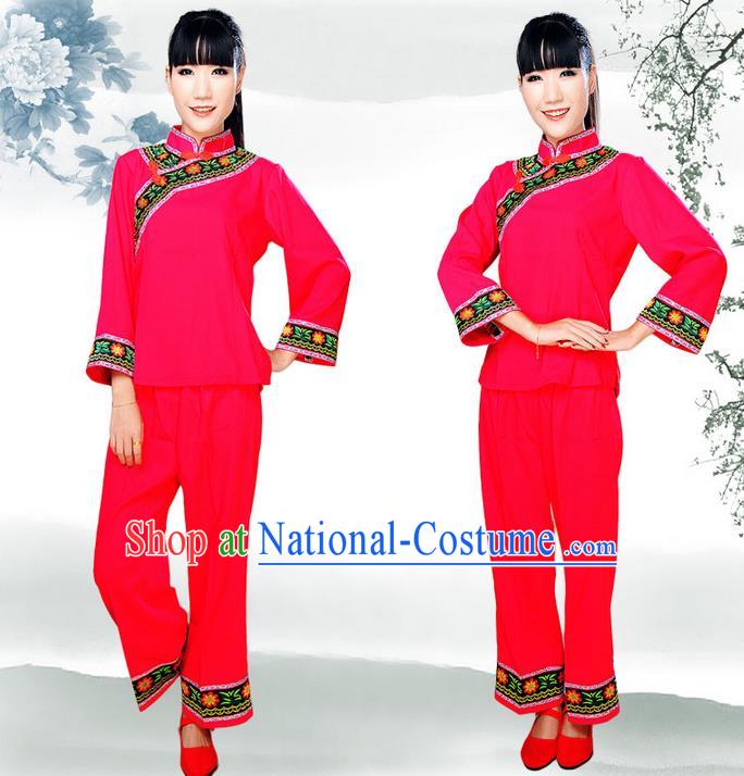 Traditional Chinese Tujia Nationality Dancing Costume, Tujiazu Female Folk Dance Ethnic Dress, Chinese Tujia Minority Nationality Embroidery Costume for Women