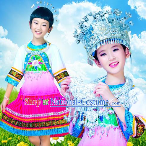 Traditional Chinese Miao Nationality Dancing Costume Accessories Necklace and Longevity Lock, Hmong Children Folk Dance Ethnic Pleated Skirt and Headwear, Chinese Minority Tujia Nationality Embroidery Costume and Hat for Kids