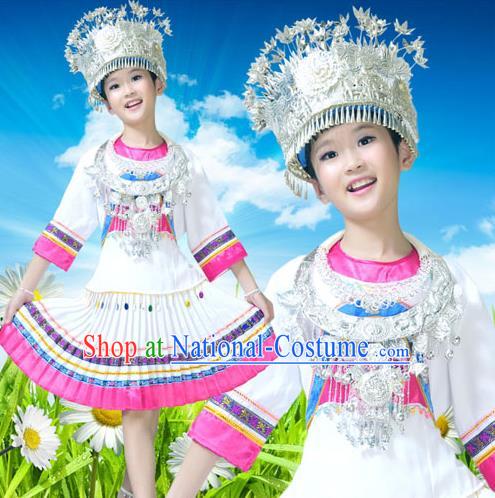 Traditional Chinese Miao Nationality Dancing Costume Accessories Necklace and Longevity Lock, Hmong Children Folk Dance Ethnic Pleated Skirt and Headwear, Chinese Minority Tujia Nationality Embroidery Costume and Hat for Kids