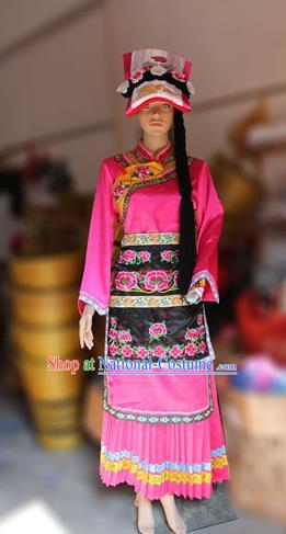 Traditional Chinese Qiang Nationality Dancing Costume, Qiangzu Female Folk Dance Ethnic Sealand Karp Pleated Skirt, Chinese Minority Qiang Nationality Embroidery Costume for Women