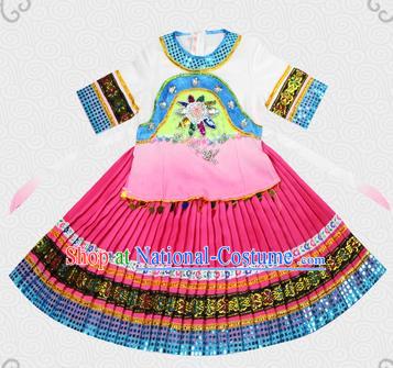 Traditional Chinese Miao Nationality Dancing Costume, Hmong Children Folk Dance Ethnic Pleated Skirt, Chinese Minority Tujia Nationality Embroidery Costume for Kids