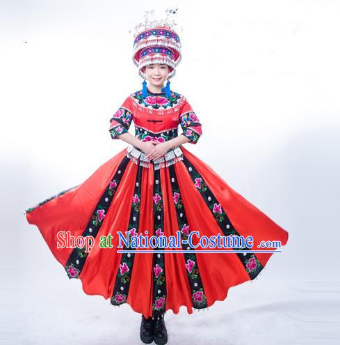 Traditional Chinese Miao Nationality Dancing Costume, Hmong Female Folk Dance Ethnic Pleated Skirt, Chinese Minority Tujia Nationality Embroidery Costume for Women