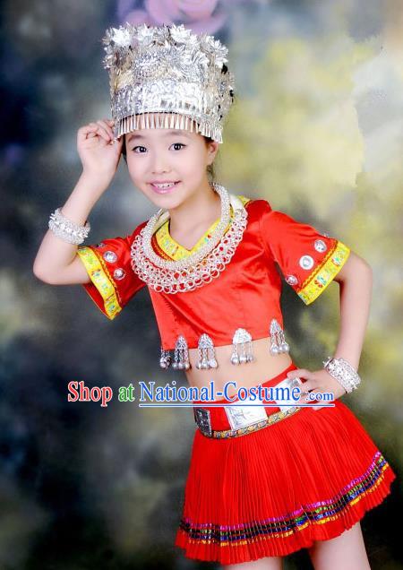 Traditional Chinese Miao Nationality Dancing Costume, Hmong Children Folk Dance Ethnic Pleated Skirt, Chinese Minority Tujia Nationality Embroidery Costume for Kids