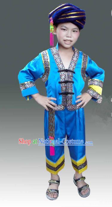 Traditional Chinese Miao Nationality Dancing Costume, Hmong Children Folk Dance Ethnic Dress, Chinese Minority Tujia Nationality Embroidery Costume for Boys Kids