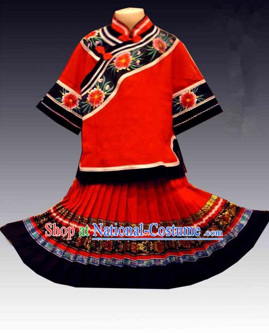 Traditional Chinese Miao Nationality Dancing Costume, Hmong Children Folk Dance Ethnic Dress, Chinese Minority Tujia Nationality Embroidery Costume for Girls Kids