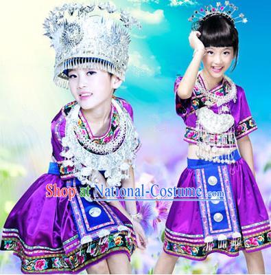 Traditional Chinese Miao Nationality Dancing Costume, Hmong Children Folk Dance Ethnic Pleated Skirt, Chinese Minority Tujia Nationality Embroidery Costume for Girls Kids