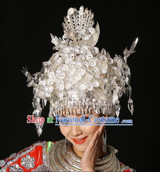 Traditional Chinese Miao Nationality Phoenix Silver Headwear, Hmong Female Folk Wedding Ethnic Accessories Crown, Chinese Minority Nationality Jewelry Accessories Hairpins for Women