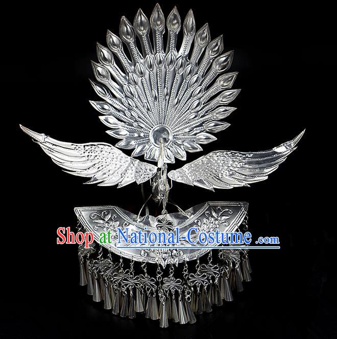 Traditional Chinese Miao Nationality Phoenix Silver Headwear, Hmong Female Folk Wedding Ethnic Accessories Crown, Chinese Minority Nationality Jewelry Accessories Hairpins for Women