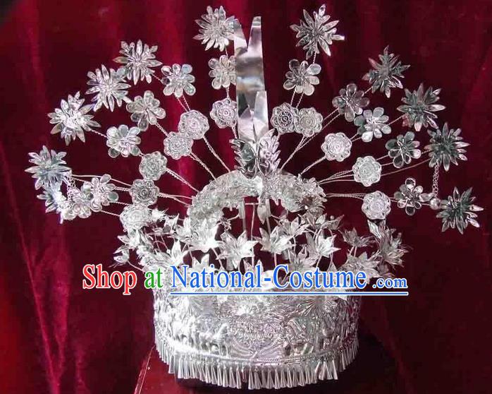 Traditional Chinese Miao Nationality Phoenix Silver Headwear, Hmong Female Folk Wedding Hat, Ethnic Accessories Crown, Chinese Minority Nationality Jewelry Accessories Hairpins for Women