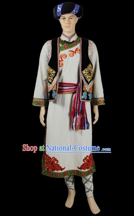 Traditional Chinese Qiang Nationality Dancing Costume, Qiangzu Male Folk Dance Ethnic Dress, Chinese Minority Qiang Nationality Embroidery Costume for Men