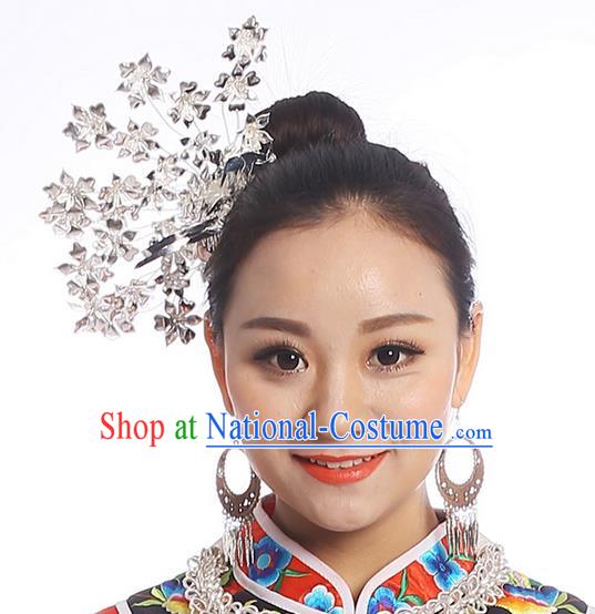 Traditional Chinese Miao Nationality Phoenix Silver Headwear, Hmong Female Folk Wedding Hat, Ethnic Accessories Crown, Chinese Minority Nationality Jewelry Accessories Hairpins for Women