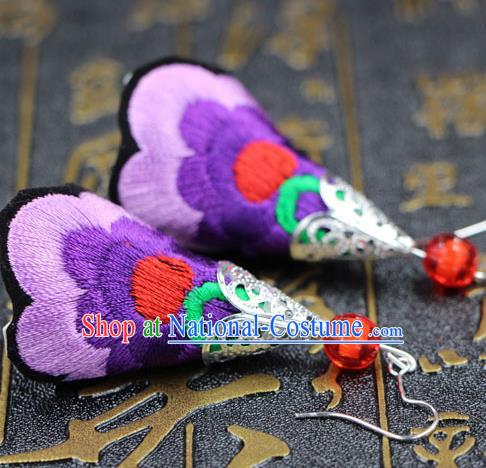 Traditional Chinese Miao Nationality Earrings, Hmong Female Folk Wedding Embroidery Earrings, Chinese Minority Nationality Jewelry Accessories for Women