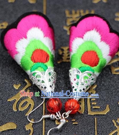 Traditional Chinese Miao Nationality Earrings, Hmong Female Folk Wedding Embroidery Earrings, Chinese Minority Nationality Jewelry Accessories for Women