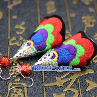 Traditional Chinese Miao Nationality Earrings, Hmong Female Folk Wedding Embroidery Earrings, Chinese Minority Nationality Jewelry Accessories for Women