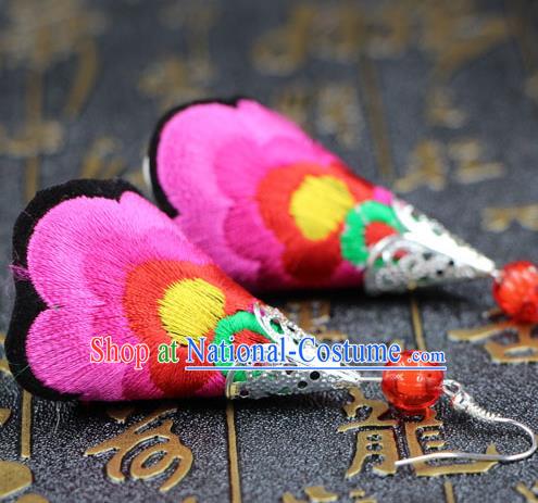 Traditional Chinese Miao Nationality Earrings, Hmong Female Folk Wedding Embroidery Earrings, Chinese Minority Nationality Jewelry Accessories for Women