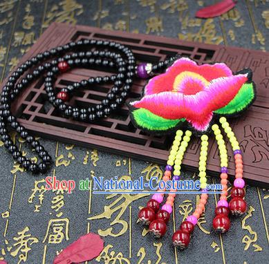 Traditional Chinese Miao Nationality Necklace, Hmong Folk Wedding Embroidery Sweater Chain, Chinese Minority Nationality Jewelry Accessories for Women