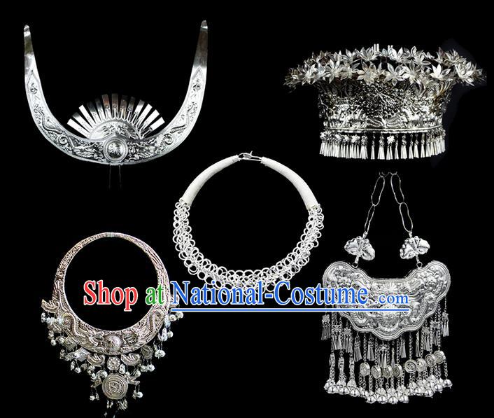 Traditional Chinese Miao Nationality Necklace, Hmong Folk Wedding Phoenix Silver Headwear, Chinese Minority Nationality Crown, Longevity Lock Jewelry Accessories Set for Women