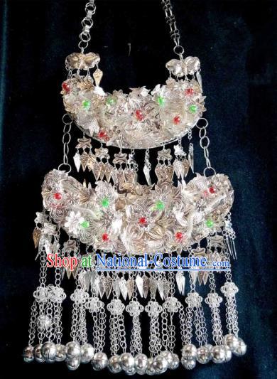 Traditional Chinese Miao Nationality Necklace, Longevity Lock, Hmong Folk Wedding Phoenix Silver Collar for Women