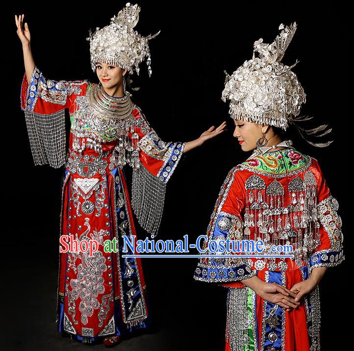 Traditional Chinese Miao Nationality Dancing Costume Accessories Necklace, Silver Phoenix Headwear, Hmong Female Folk Dance Ethnic Pleated Skirt and Headwear, Chinese Minority Nationality Embroidery Costume and Hat for Women