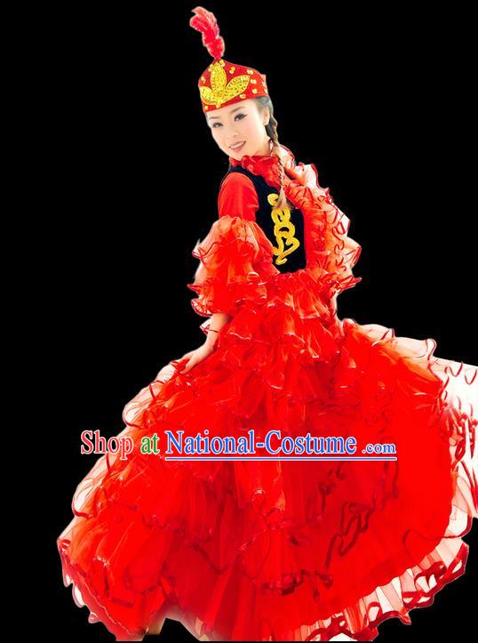 Traditional Chinese Khalkhas Nationality Dancing Costume, Kirkiz Female Folk Dance Ethnic Pleated Skirt, Chinese Minority Khalkhas Nationality Embroidery Costume for Women