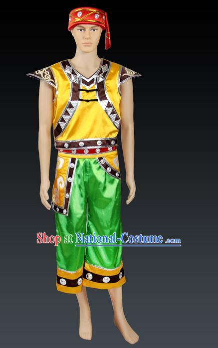 Traditional Chinese Miao Nationality Dancing Costume, Hmong Male Folk Dance Ethnic Clothing, Chinese Minority Zhuang Nationality Costume for Men