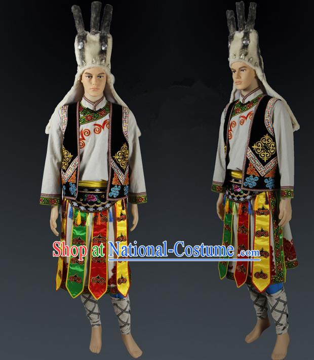 Traditional Chinese Qiang Nationality Dancing Costume, Qiangzu Male Folk Dance Ethnic Clothing, Chinese Minority Qiang Nationality Worship Ceremony Costume for Men