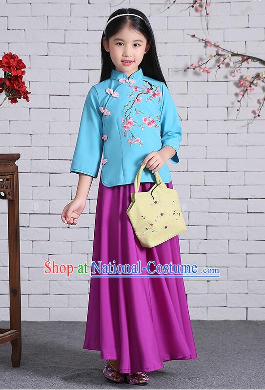 Chinese Traditional Dress for Girls Long Sleeves Kid Children Min Guo Clothes Ancient Chinese Costume Stage Show Blue Top Purple Skirt