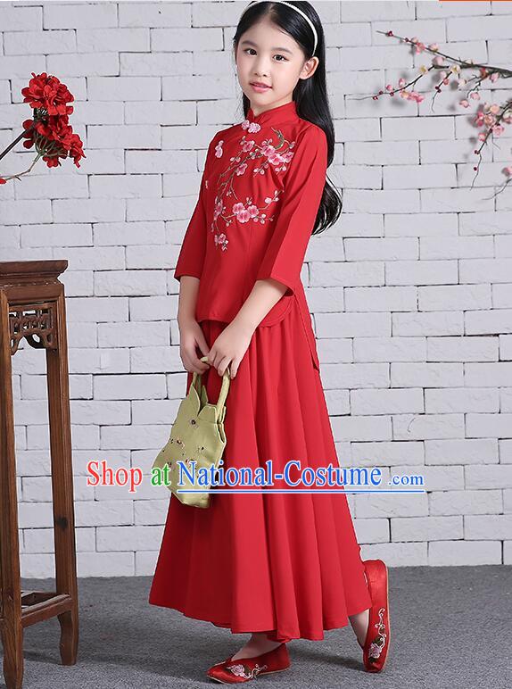 Chinese Traditional Dress for Girls Long Sleeves Kid Children Min Guo Clothes Ancient Chinese Costume Stage Show Red