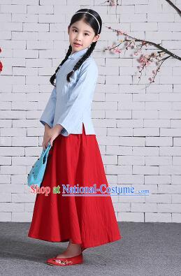 Chinese Traditional Dress for Girls Wu Si Period Student Dress Kid Children Min Guo Clothes Ancient Chinese Costume Stage Show Blue Top Red Skirt