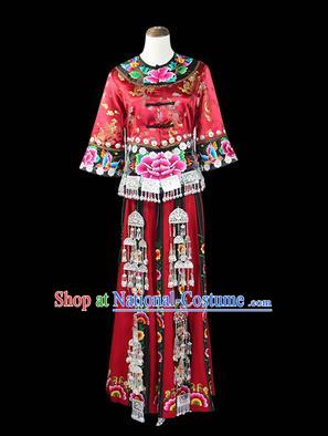 Traditional Chinese Miao Nationality Dancing Costume, Hmong Female Folk Dance Ethnic Pleated Skirt, Chinese Minority Miao Nationality Embroidery Costume for Women